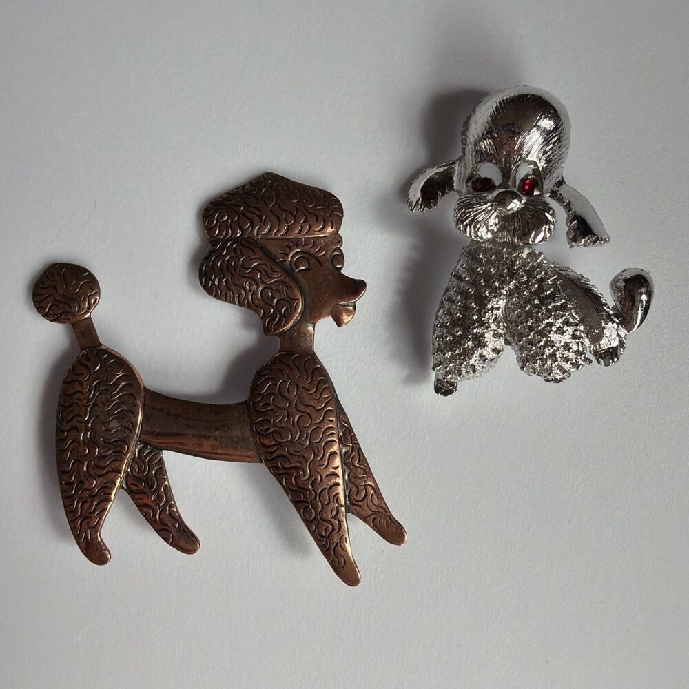 2 Vintage Estate Poodle Dog Brooch Pins Copper And Silver Tone Rhinestone Eyes - Picture 2 of 8